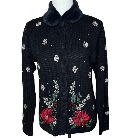 Victoria Jones Embellished Poinsettia Snow Flake Cardigan Removable Fur Collar M - Picture 14 of 14